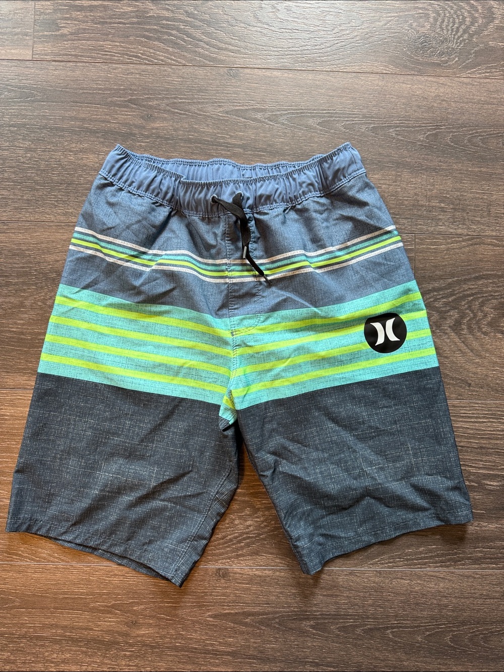 Hurley Boys Blue Swim Trunks with Lime & Aqua Stripes, Size 10/12
